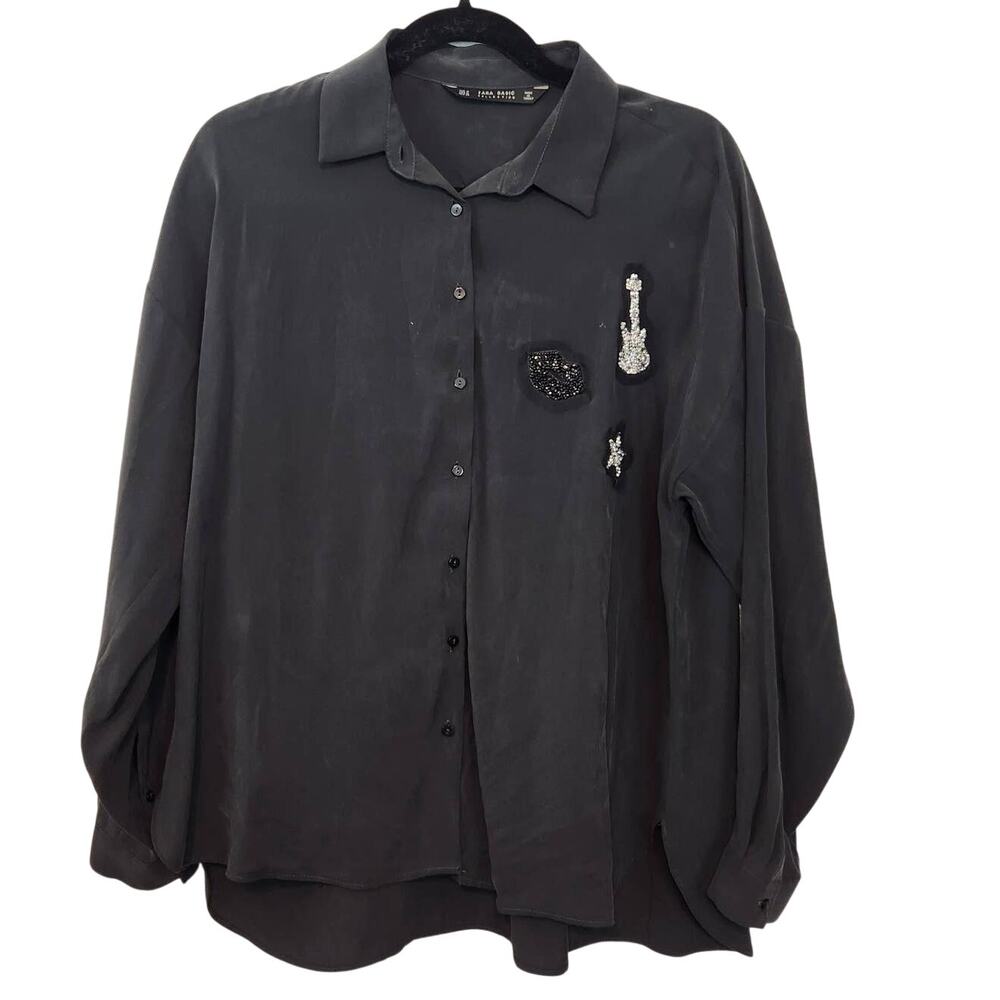 ZARA Basic Collection Black Glitter Rhinestone Beaded Button Down Shirt Women‎ M